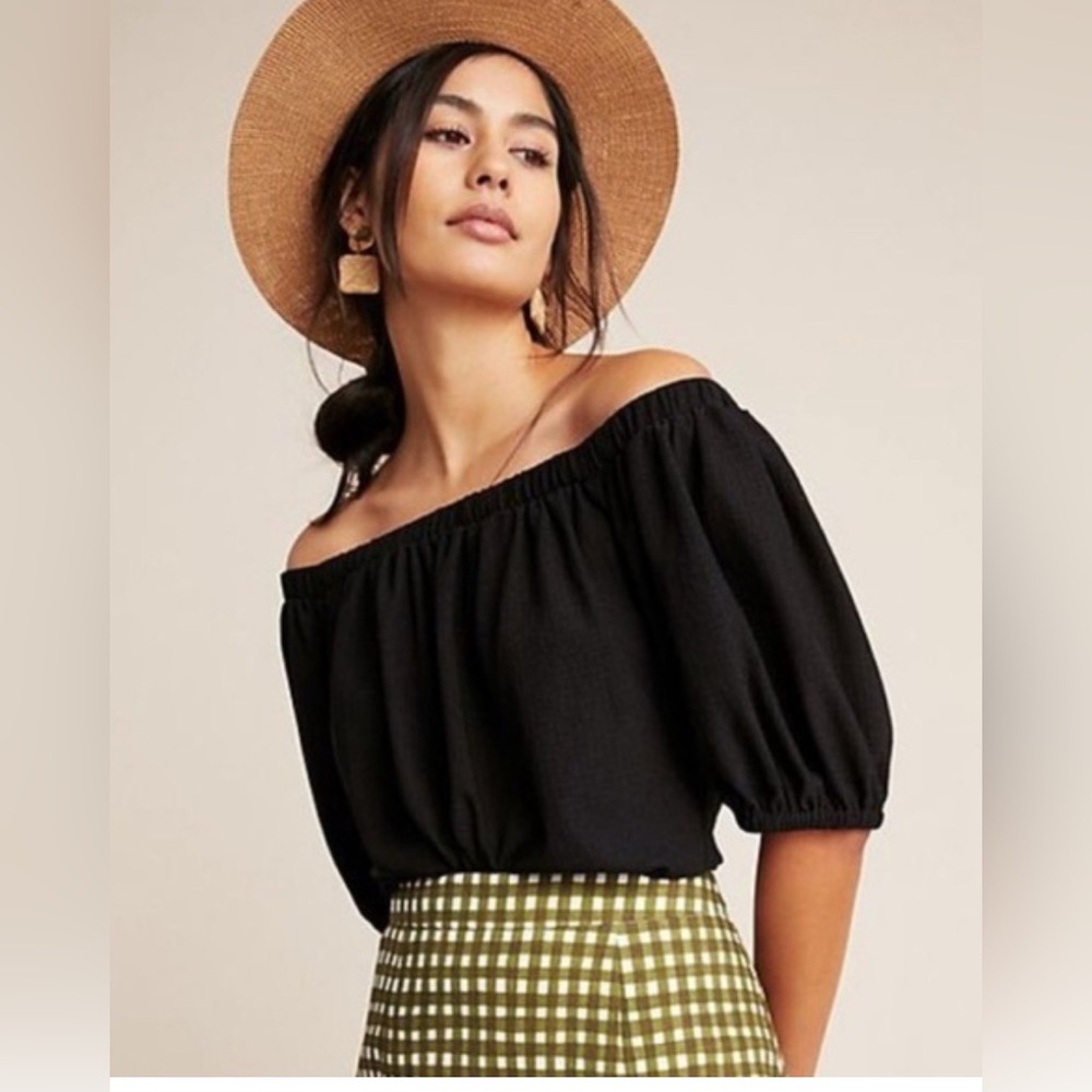 Anthropologie Sundry Off Shoulder Smocked Crop Top Black Small NWT Coquette